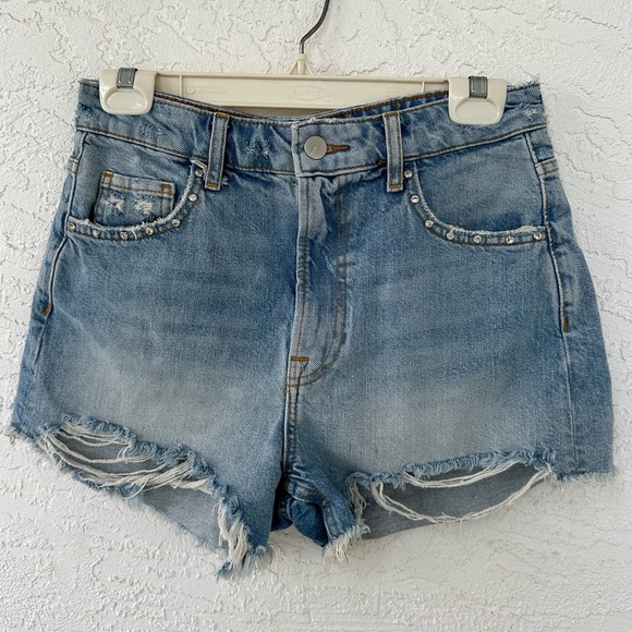 Zara Denim Shorts Gemstone Rhinestone Bejeweled Studs Distressed Size 4 Blue - Picture 2 of 11
